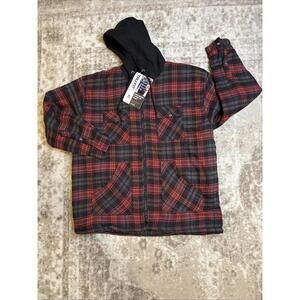 Tru-Fit Hooded Zip Front Jacket Coat Shacket Flannel Shirt Red Gray Plaid XL NWT